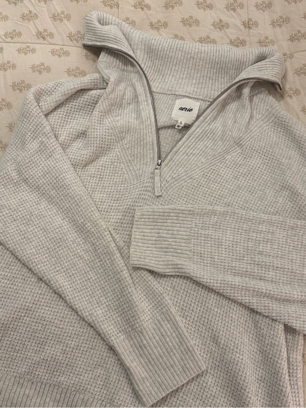Aerie Light Gray Half-Zip Waffle Knit Sweater